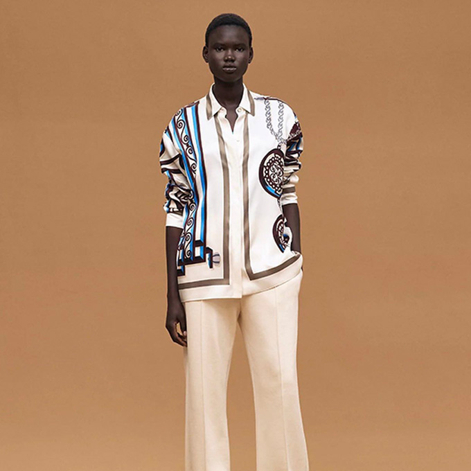 hermes equestrian chain and chair motif printed heavy twill silk shirt